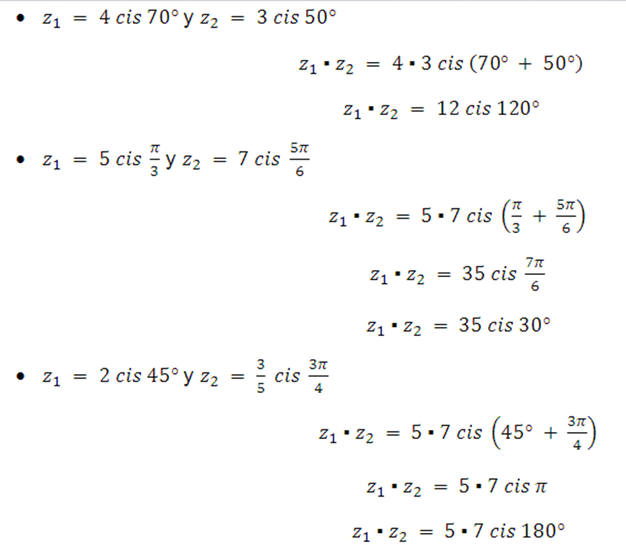 Operaciones co números complejos en forma trigonométrica